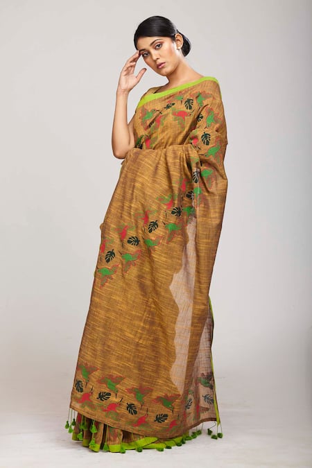Buy_Anita Kanwal_Brown Handloom Cotton Bird Panchi Print Saree_Online_at_Aza_Fashions