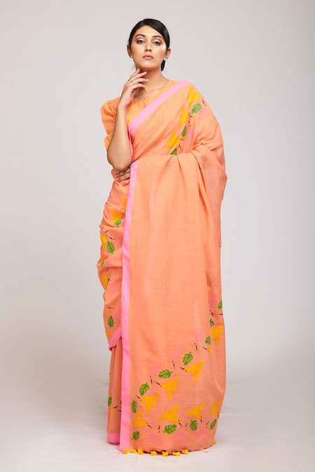 Anita Kanwal_Peach Handloom Cotton Bird Panchi Print Saree _Online_at_Aza_Fashions