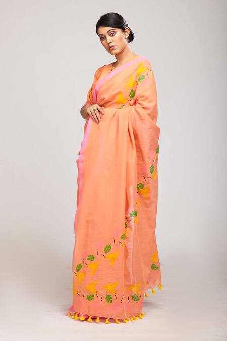 Shop_Anita Kanwal_Peach Handloom Cotton Bird Panchi Print Saree _Online_at_Aza_Fashions