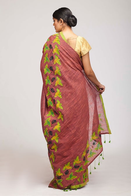 Shop_Anita Kanwal_Magenta Handloom Cotton Bird Panchi Print Saree _at_Aza_Fashions