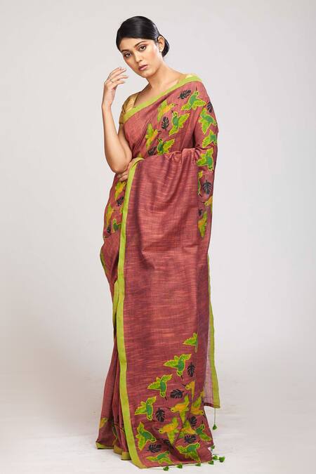 Buy_Anita Kanwal_Magenta Handloom Cotton Bird Panchi Print Saree _Online_at_Aza_Fashions