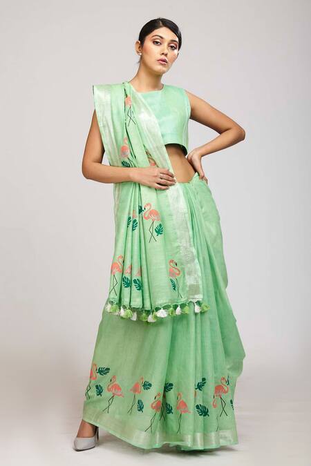 Anita Kanwal_Green Cotton Linen Printed Flamingo Saree _Online_at_Aza_Fashions