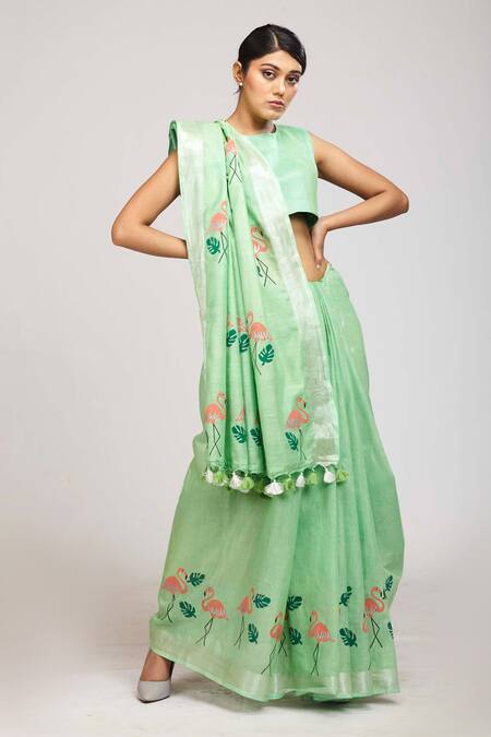 Buy_Anita Kanwal_Green Cotton Linen Printed Flamingo Saree _Online_at_Aza_Fashions