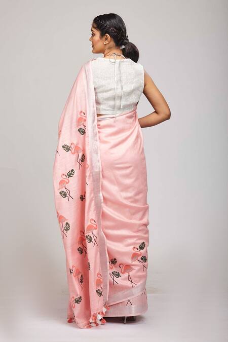 Shop_Anita Kanwal_Pink Cotton Linen Printed Flamingo Saree _at_Aza_Fashions