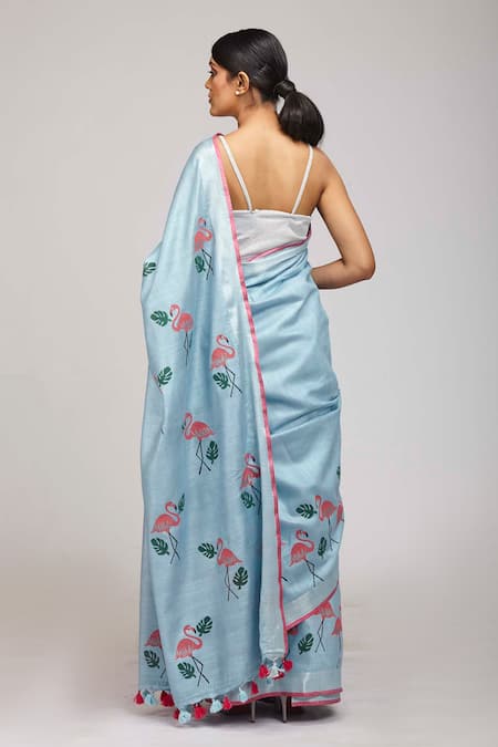 Shop Anita Kanwal Blue Cotton Linen Flamingo Print Saree at Aza Fashions Shop_Anita Kanwal_Blue Cotton Linen Flamingo Print Saree _at_Aza_Fashions