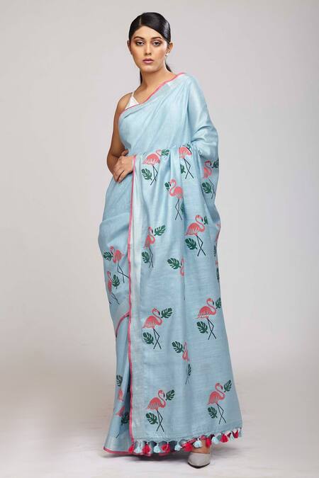 Anita Kanwal Blue Cotton Linen Flamingo Print Saree Online at Aza Fashions Anita Kanwal_Blue Cotton Linen Flamingo Print Saree _Online_at_Aza_Fashions