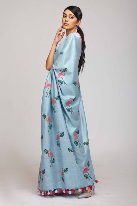 Buy Anita Kanwal Blue Cotton Linen Flamingo Print Saree Online at Aza Fashions Buy_Anita Kanwal_Blue Cotton Linen Flamingo Print Saree _Online_at_Aza_Fashions