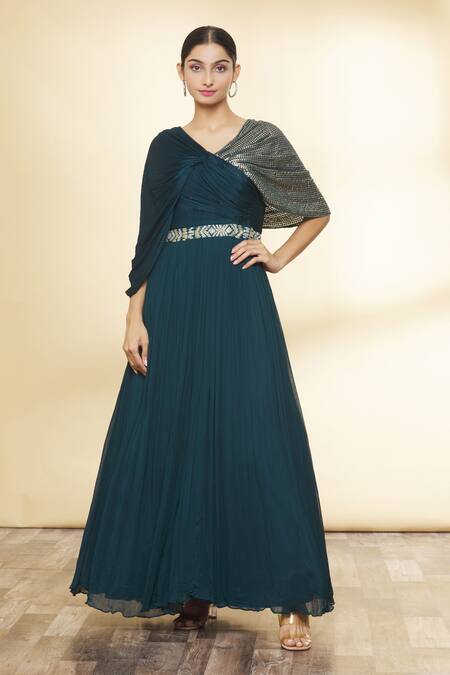 Navy Blue Floral Print Indo Western Style Floor Length Anarkali Gown –  Seasons Chennai