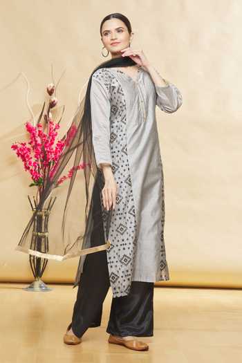 Buy_Samyukta Singhania_Grey Kurta Chanderi Silk Pant Art Silkdupatta Soft Net Pattern Set_Online_at_Aza_Fashions