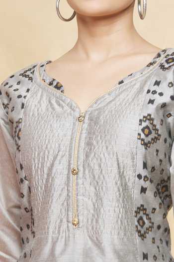 Shop_Samyukta Singhania_Grey Kurta Chanderi Silk Pant Art Silkdupatta Soft Net Pattern Set_Online_at_Aza_Fashions