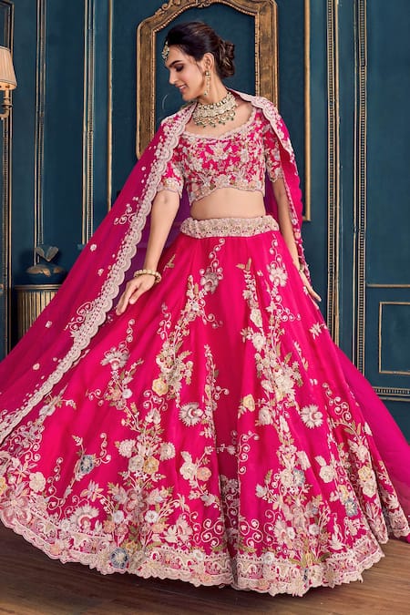 Fuchsia Pink Organza Embroidery Unstitched Lehenga