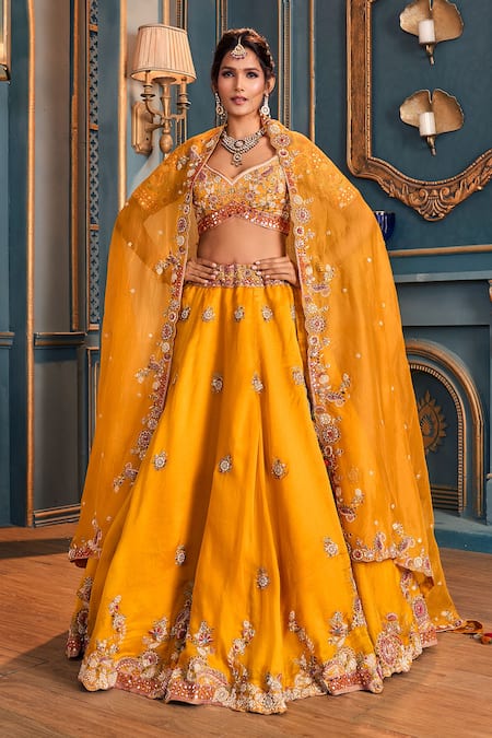 Shop_Stotram_Yellow Blouse-silk, Dupatta- Organza, Lehenga- Silk Embroidered Bridal Set_at_Aza_Fashions