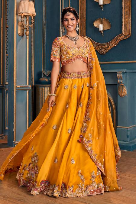 Stotram_Yellow Blouse-silk, Dupatta- Organza, Lehenga- Silk Embroidered Bridal Set_Online_at_Aza_Fashions