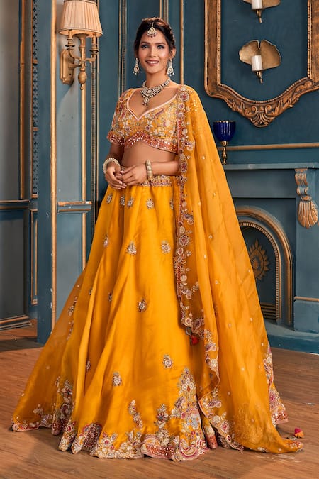 Buy_Stotram_Yellow Blouse-silk, Dupatta- Organza, Lehenga- Silk Embroidered Bridal Set_Online_at_Aza_Fashions