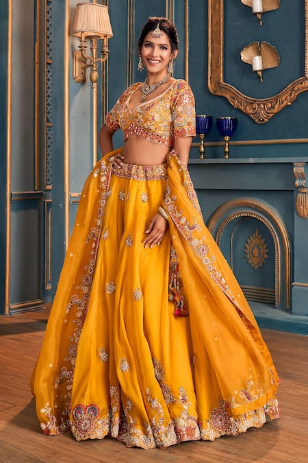 Shop_Stotram_Yellow Blouse-silk, Dupatta- Organza, Lehenga- Silk Embroidered Bridal Set_Online_at_Aza_Fashions