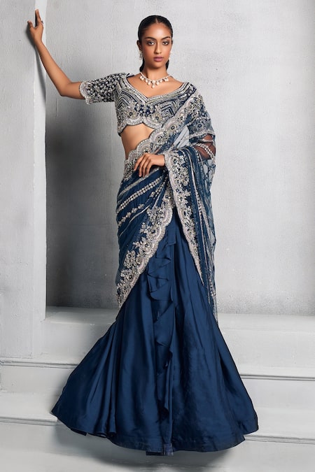 Buy Blue Skirt- Satin Organza Embellished Lehenga Saree With