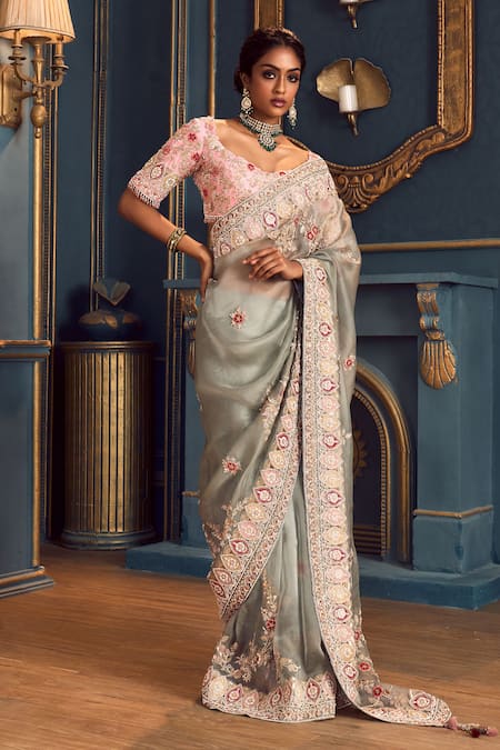 Stotram Floral Embroidered Saree With Blouse 