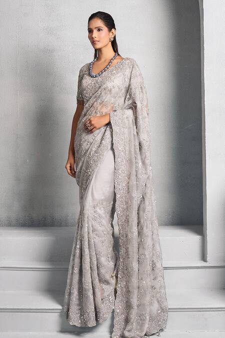 Buy Grey Saree Tussar And Blouse Raw Placement Floral With For Women by  Rishi and Soujit Online at Aza Fashions.