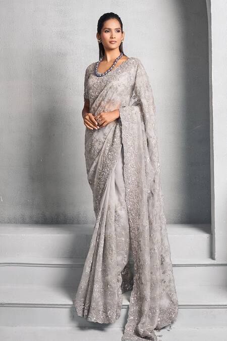 Stotram Blue Organza Embroidery Sequin Sweetheart Neck Embellished Saree With Blouse Online at Aza Fashions Stotram_Blue Organza Embroidery Sequin Sweetheart Neck Embellished Saree With Blouse_Online_at_Aza_Fashions