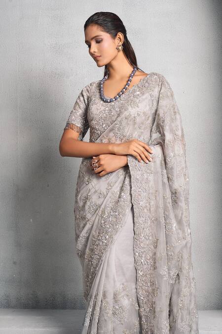 Shop Stotram Blue Organza Embroidery Sequin Sweetheart Neck Embellished Saree With Blouse Online at Aza Fashions Shop_Stotram_Blue Organza Embroidery Sequin Sweetheart Neck Embellished Saree With Blouse_Online_at_Aza_Fashions