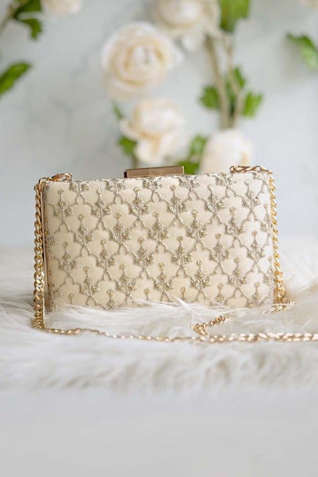 Shop_Amyra_Cream Embroidery Anya Box Clutch With Sling _at_Aza_Fashions
