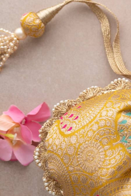 Shop Amyra Yellow Pearls, Embroidery Kashi Pure Banarasi Silk Potli at Aza Fashions Shop_Amyra_Yellow Pearls, Embroidery Kashi Pure Banarasi Silk Potli _at_Aza_Fashions