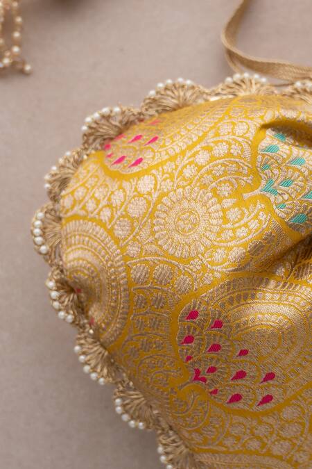 Amyra Yellow Pearls, Embroidery Kashi Pure Banarasi Silk Potli Online at Aza Fashions Amyra_Yellow Pearls, Embroidery Kashi Pure Banarasi Silk Potli _Online_at_Aza_Fashions