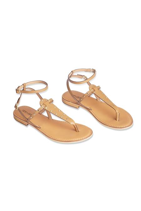 Nine By Janine_Brown Metallic Studs Meil T Strap Flats _Online_at_Aza_Fashions