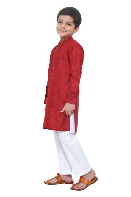 Buy_APRICOTKIDS_Maroon , Satin Embroidery Pintucks Kurta And Pant Set _Online_at_Aza_Fashions