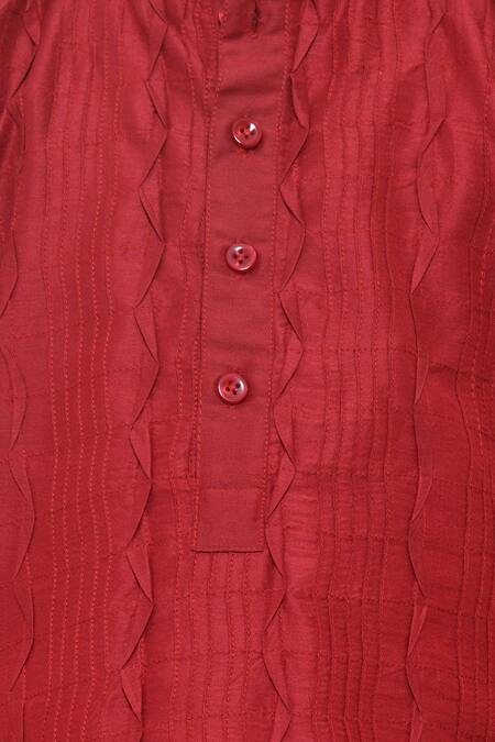 Shop_APRICOTKIDS_Maroon , Satin Embroidery Pintucks Kurta And Pant Set _Online_at_Aza_Fashions