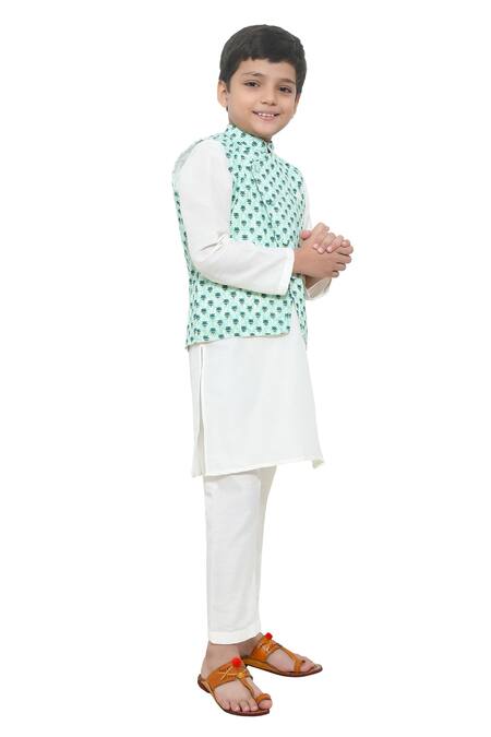 APRICOTKIDS_Green Cotton Embroidery Floral Printed Asymmetric Bundi Kurta Set _Online_at_Aza_Fashions