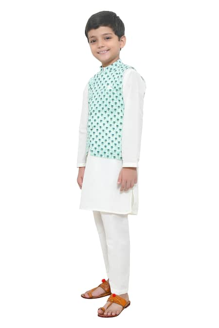 Buy_APRICOTKIDS_Green Cotton Embroidery Floral Printed Asymmetric Bundi Kurta Set _Online_at_Aza_Fashions