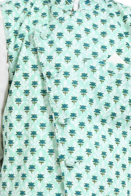 Shop_APRICOTKIDS_Green Cotton Embroidery Floral Printed Asymmetric Bundi Kurta Set _Online_at_Aza_Fashions