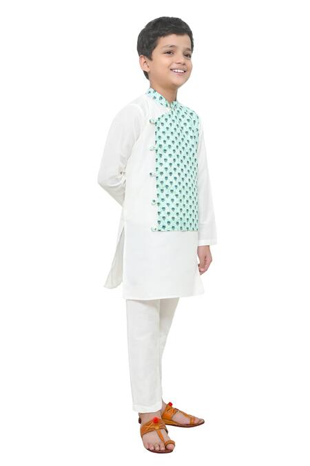 APRICOTKIDS_Off White , Satin Embroidery Floral Print Kurta Set _Online_at_Aza_Fashions