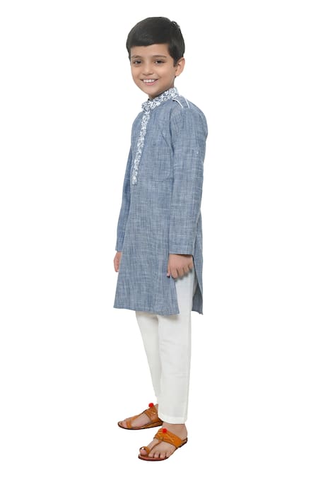 APRICOTKIDS_Blue Cotton Embroidery Floral Kurta And Pant Set _Online_at_Aza_Fashions