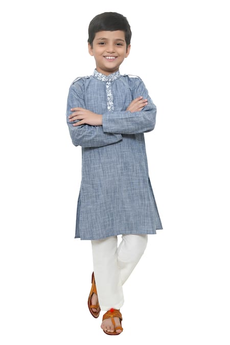 Buy_APRICOTKIDS_Blue Cotton Embroidery Floral Kurta And Pant Set _Online_at_Aza_Fashions