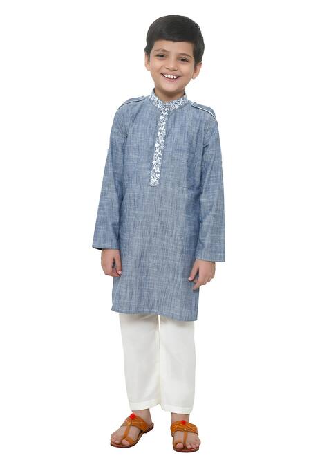 Shop_APRICOTKIDS_Blue Cotton Embroidery Floral Kurta And Pant Set _Online_at_Aza_Fashions