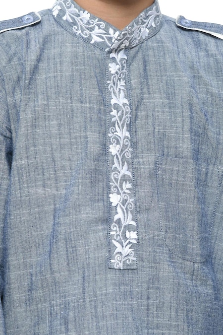 APRICOTKIDS_Blue Cotton Embroidery Floral Kurta And Pant Set _at_Aza_Fashions