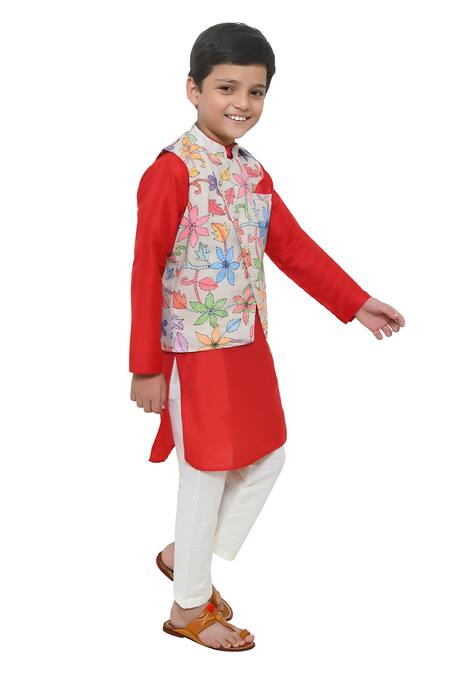 APRICOTKIDS_Multi Color Cotton Embroidery Floral Printed Bundi And Kurta Set _Online_at_Aza_Fashions