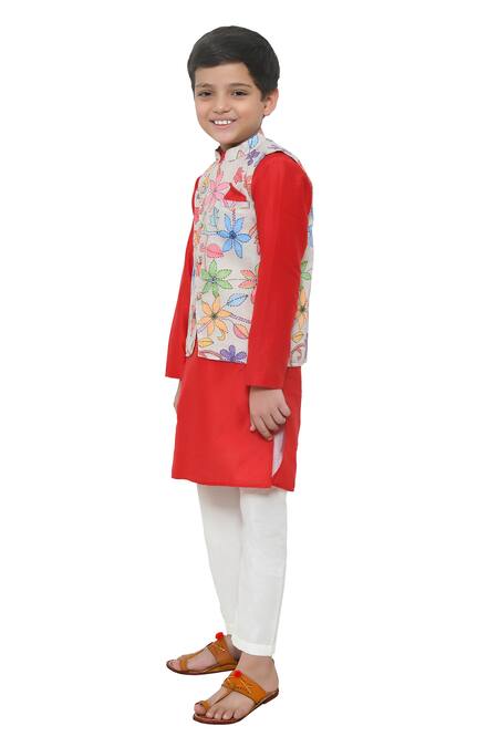 Buy_APRICOTKIDS_Multi Color Cotton Embroidery Floral Printed Bundi And Kurta Set _Online_at_Aza_Fashions