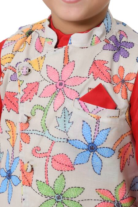Shop_APRICOTKIDS_Multi Color Cotton Embroidery Floral Printed Bundi And Kurta Set _Online_at_Aza_Fashions