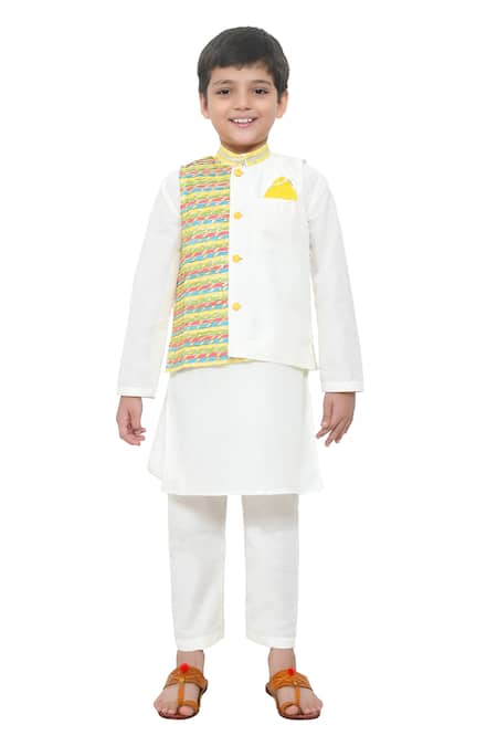 Shop_APRICOTKIDS_Multi Color Cotton, Silk Lace Multicolor Work Bundi Kurta Set _Online_at_Aza_Fashions