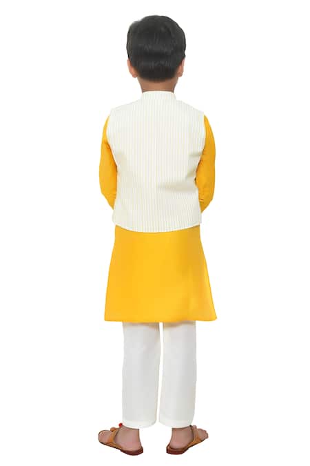 APRICOTKIDS Yellow Striped Cotton Silk Bundi Kurta Set 