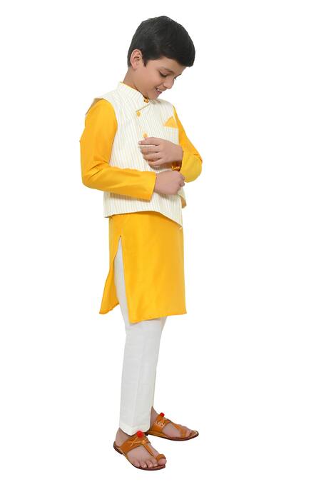 APRICOTKIDS_Yellow Cotton, Silk Striped Bundi Kurta Set _Online_at_Aza_Fashions