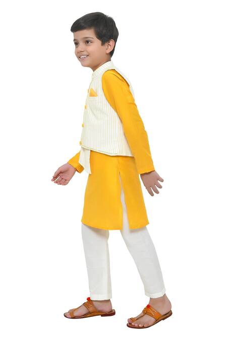 Buy_APRICOTKIDS_Yellow Cotton, Silk Striped Bundi Kurta Set _Online_at_Aza_Fashions