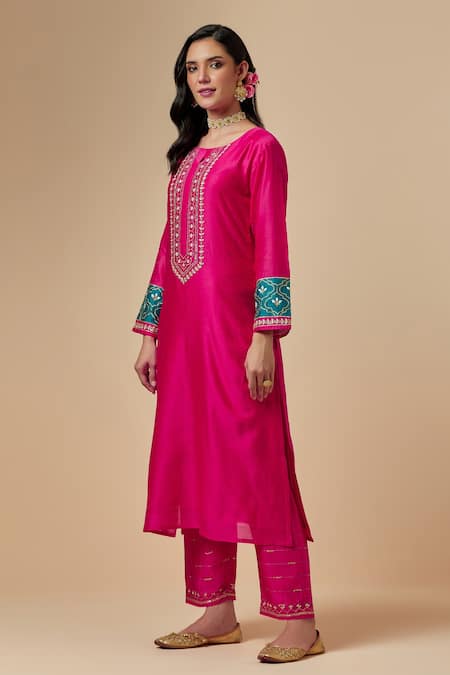 Buy_Anantaa By Roohi_Fuchsia Silk Chanderi Floral Round Kurta _Online_at_Aza_Fashions