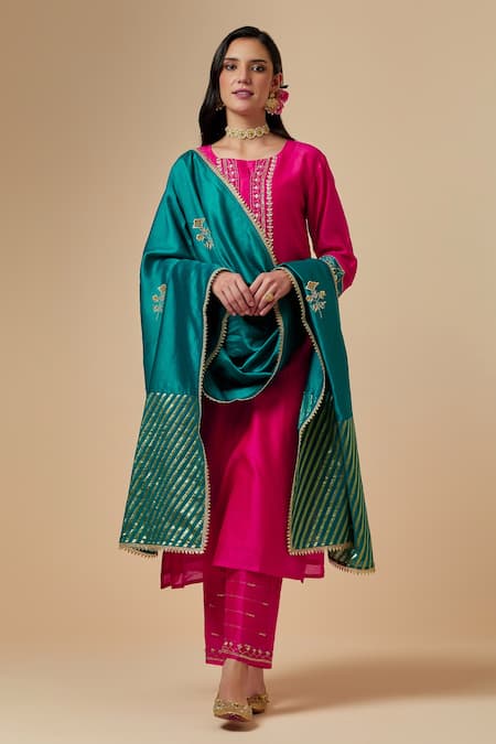 Shop_Anantaa By Roohi_Fuchsia Silk Chanderi Floral Round Kurta _Online_at_Aza_Fashions