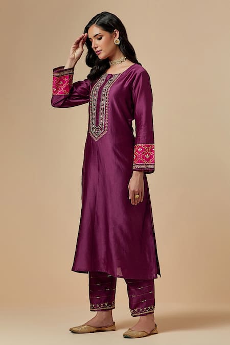Buy_Anantaa By Roohi_Wine Silk Chanderi Floral Round Kurta _Online_at_Aza_Fashions