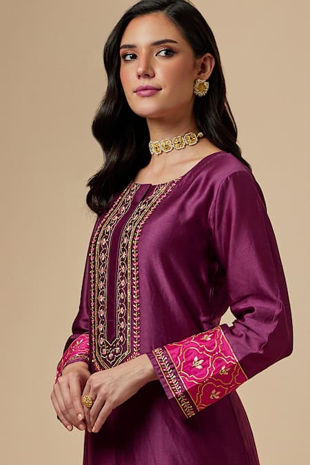 Anantaa By Roohi_Wine Silk Chanderi Floral Round Kurta _at_Aza_Fashions