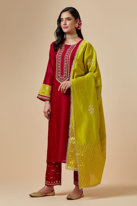 Shop_Anantaa By Roohi_Red Silk Chanderi Floral Round Kurta _Online_at_Aza_Fashions